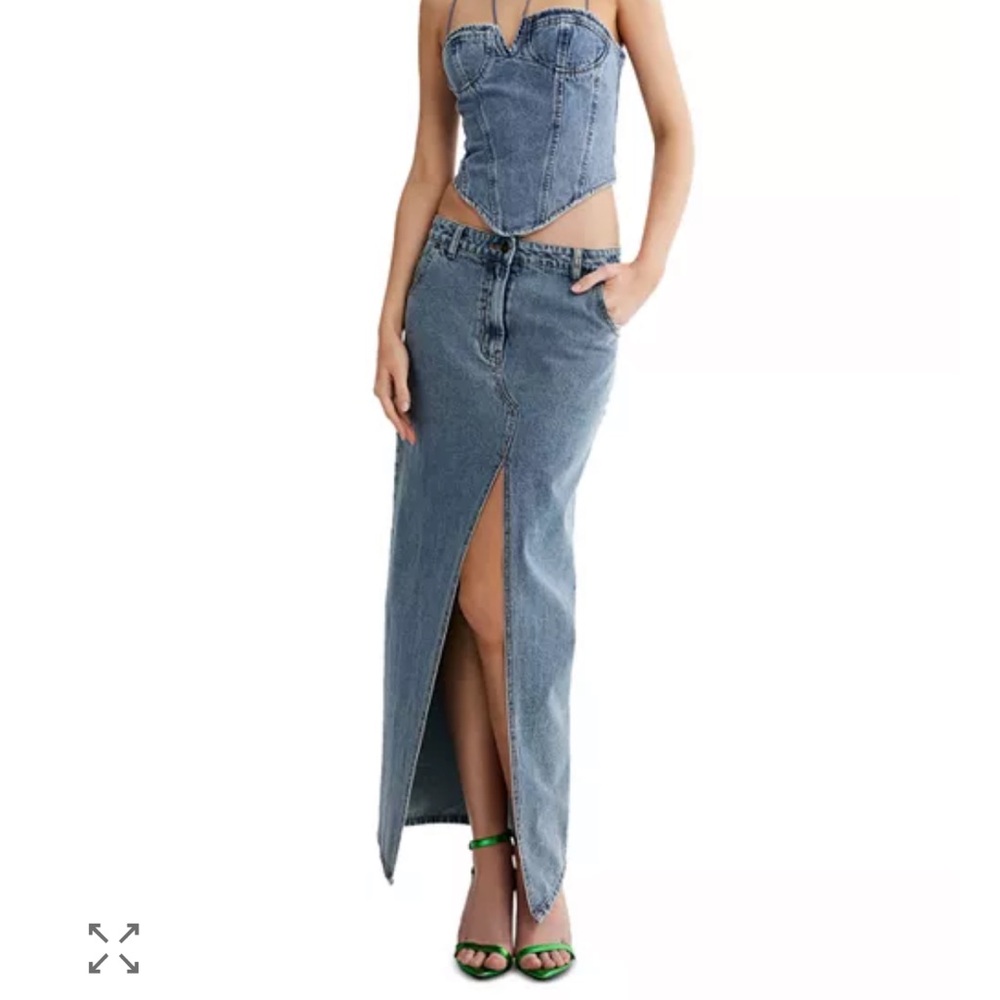 Lioness Barbie Split Maxi Denim Skirt in Faded Denim form fitting
